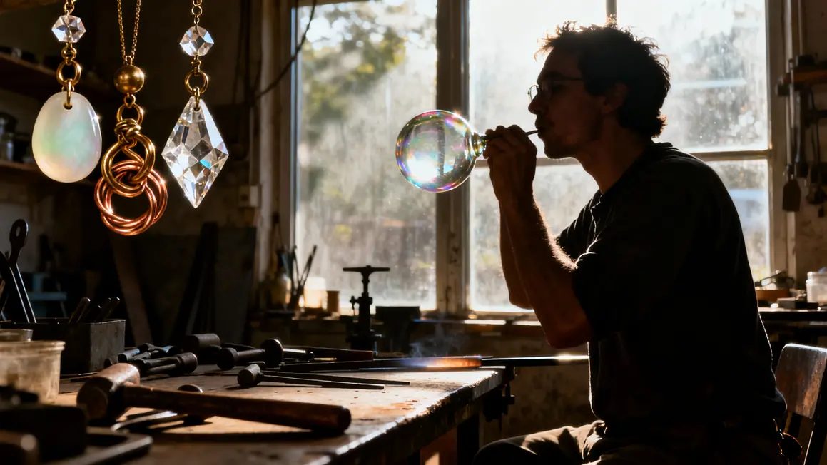 Artisan fabriquant une suspension en verre vintage dans atelier