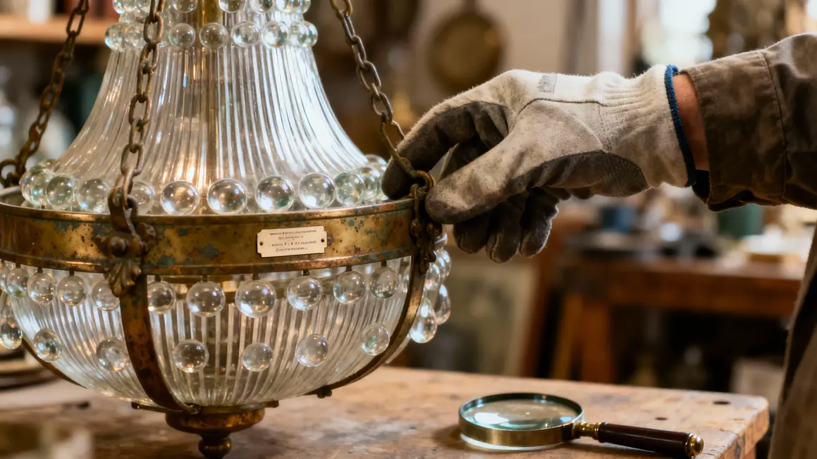 Inspection main plafonnier en verre vintage soufflé atelier