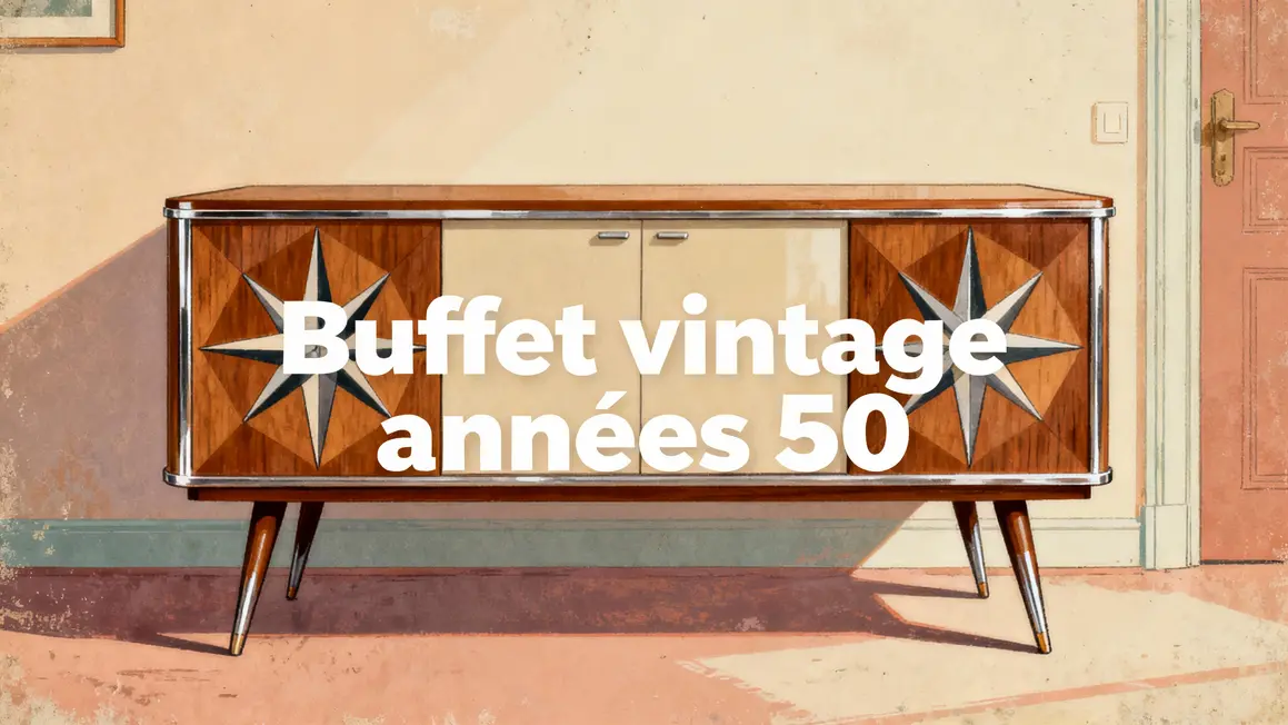 Buffet vintage années 50 pied compas couleurs pastel bois et chrome