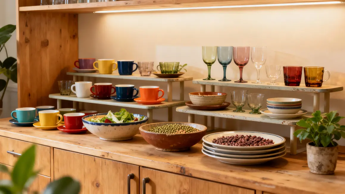 Buffet bois clair exposant vaisselle vintage sixties et verres colorés