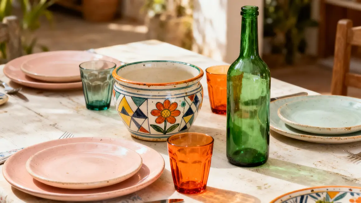 Assiettes pastel, verres colorés et céramiques motis sixties sur table