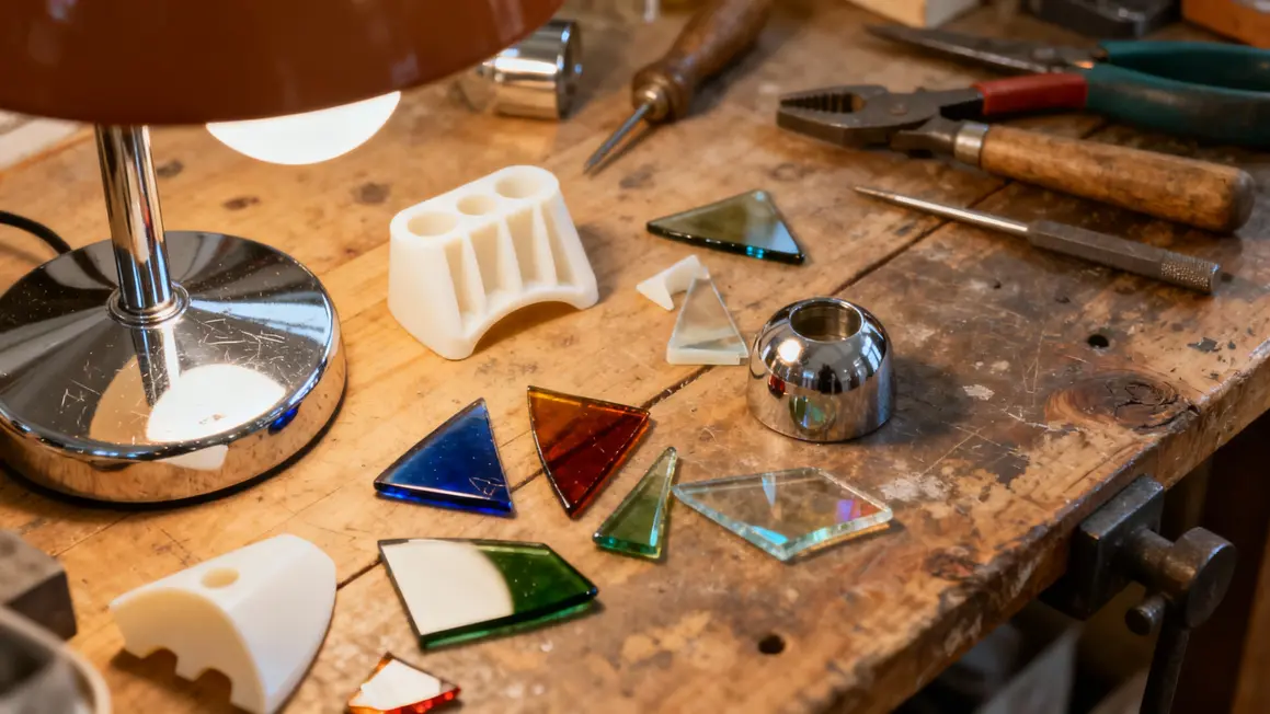 Matériaux lampe vintage 60s plastique moulé chrome verre coloré atelier