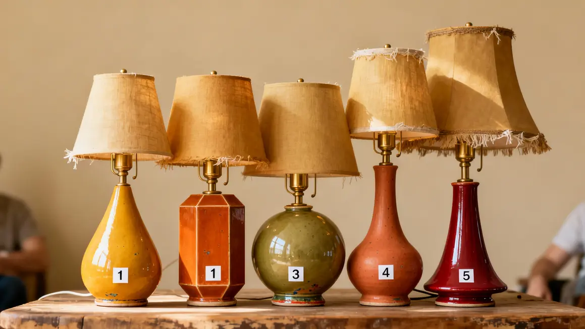 cinq lampes vintage stylisees exposees en serie