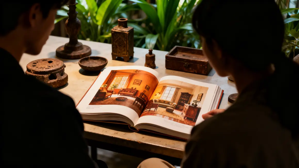 Livres de decoration interieure ouverts table basse ambiance chaleureuse