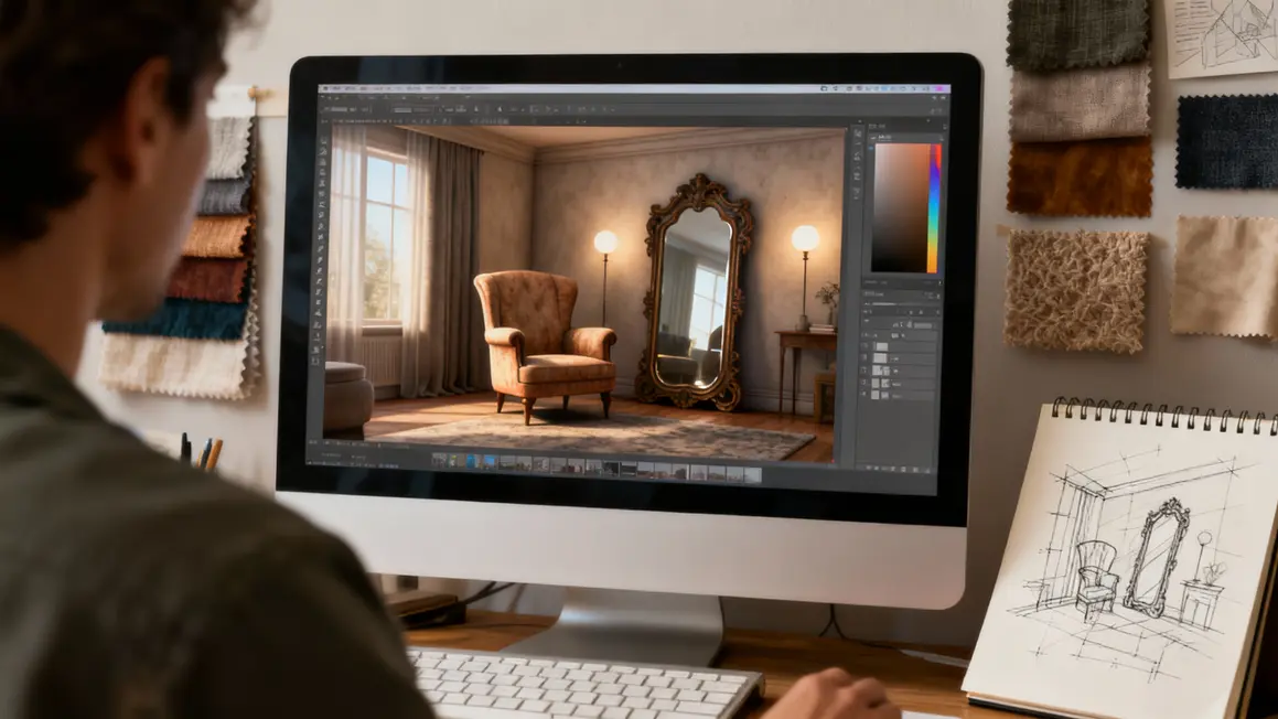 Modelisation 3D salon vintage logiciel deco