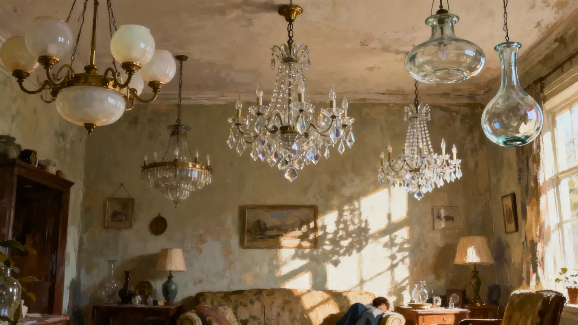 Suspensions en verre vintage et opaline dans salon ancien