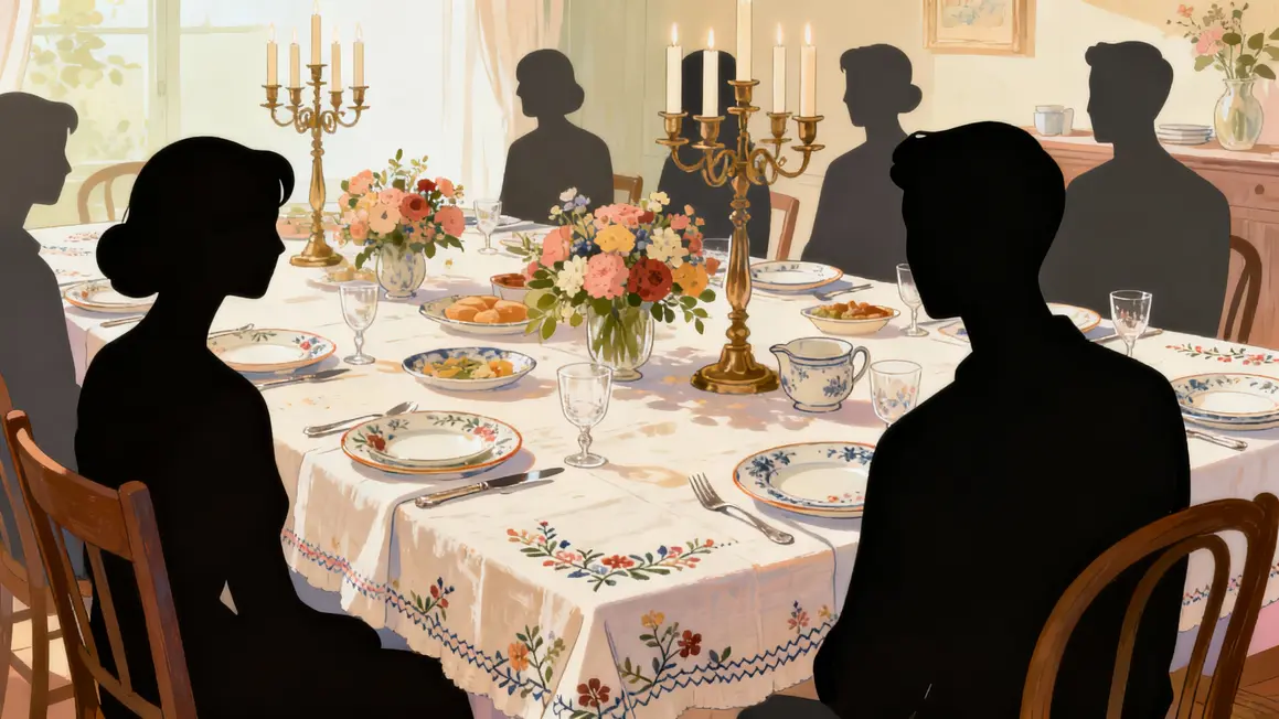 illustration table a la francaise elegante vintage chandeliers bouquets nappes