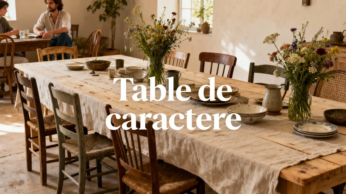Grande table en bois clair avec chaises variées, nappe lin et vaisselle vintage IKEA