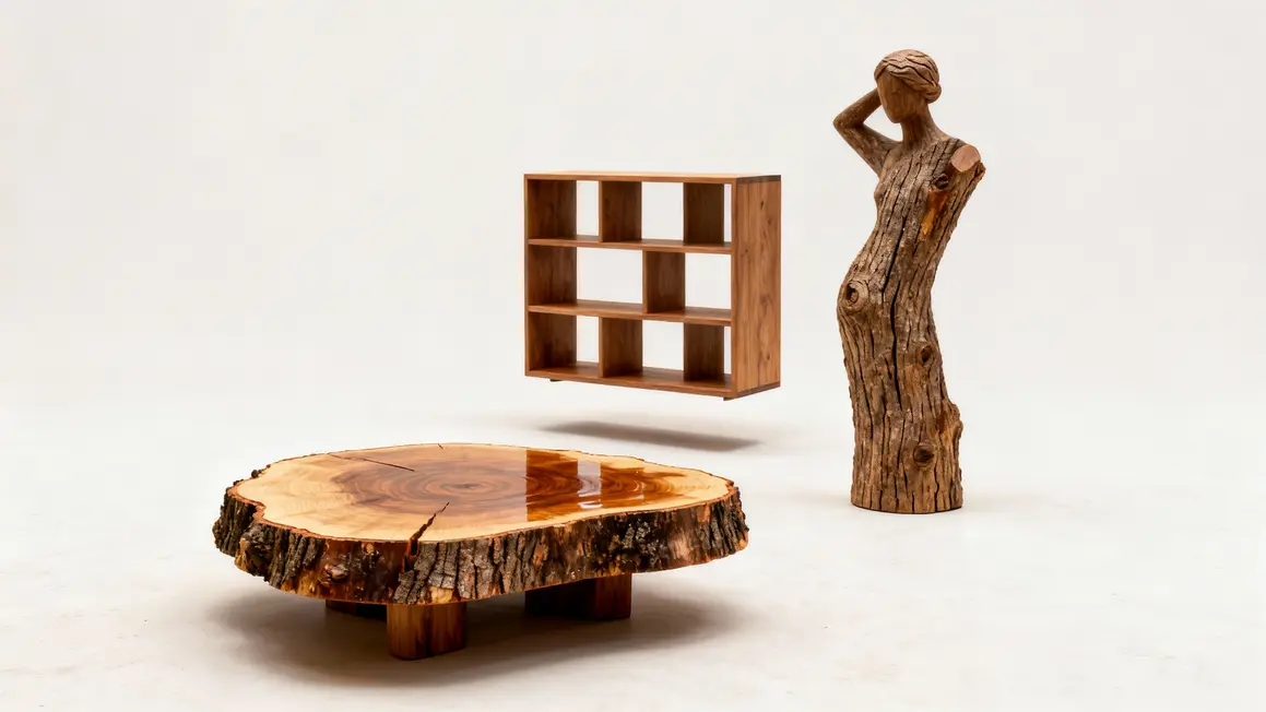 Tronc d'arbre déco table basse étagère sculpture