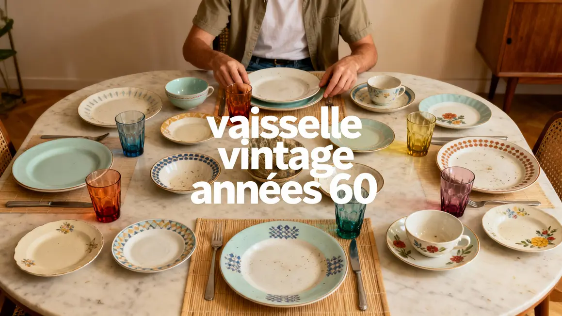 Grande table avec vaisselle vintage sixties assiettes porcelaine pastel et verres colorés