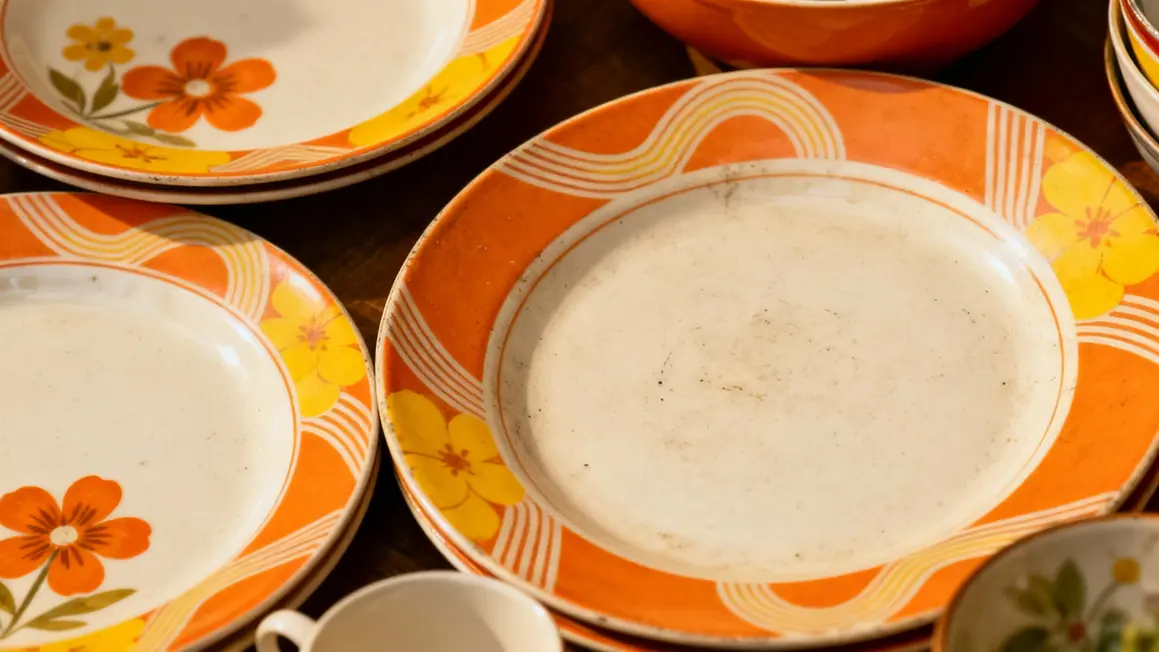 vaisselle vintage annees 70 assiettes motifs fleurs geometriques orange jaune