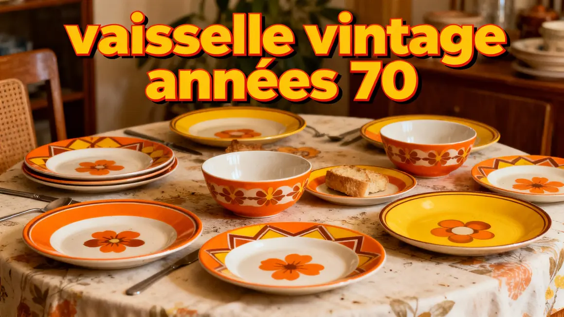 vaisselle vintage annees 70 assiettes bols motifs seventies sur table retro