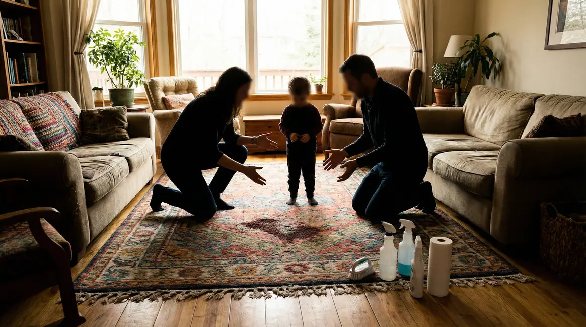 tache de cafe au centre d'un tapis dans salon familial