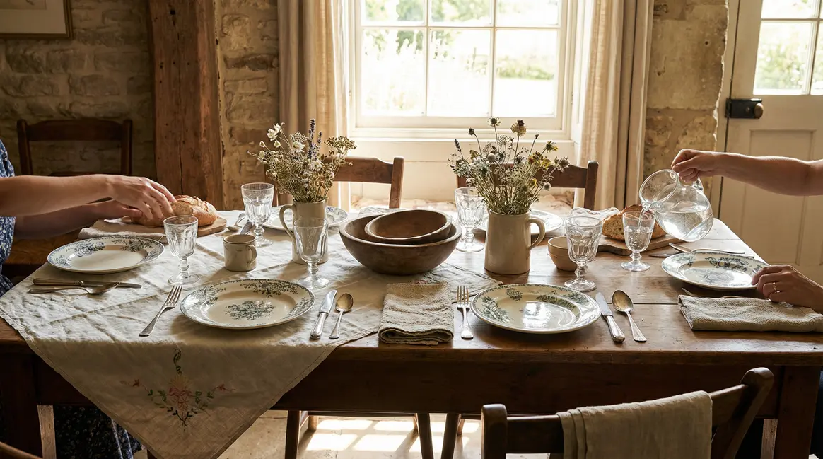 table brocante chic en faience, argenterie et verrerie vintage