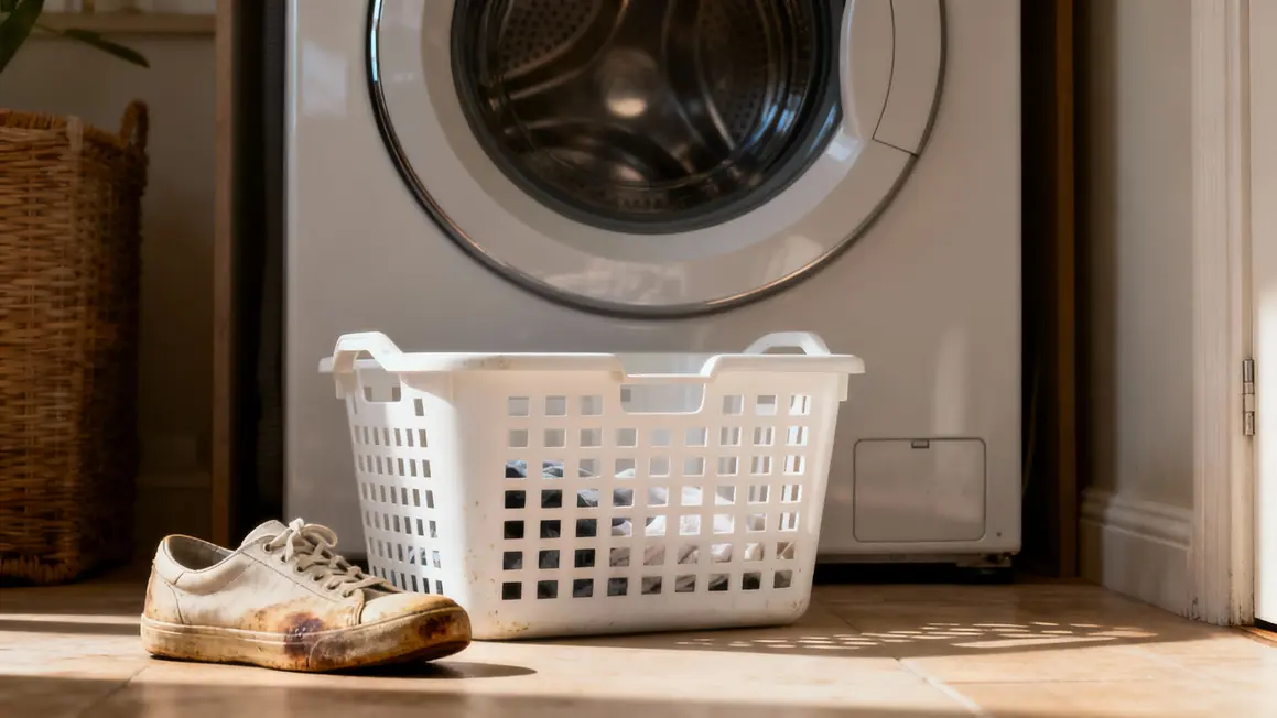 baskets blanches abîmées devant machine à laver
