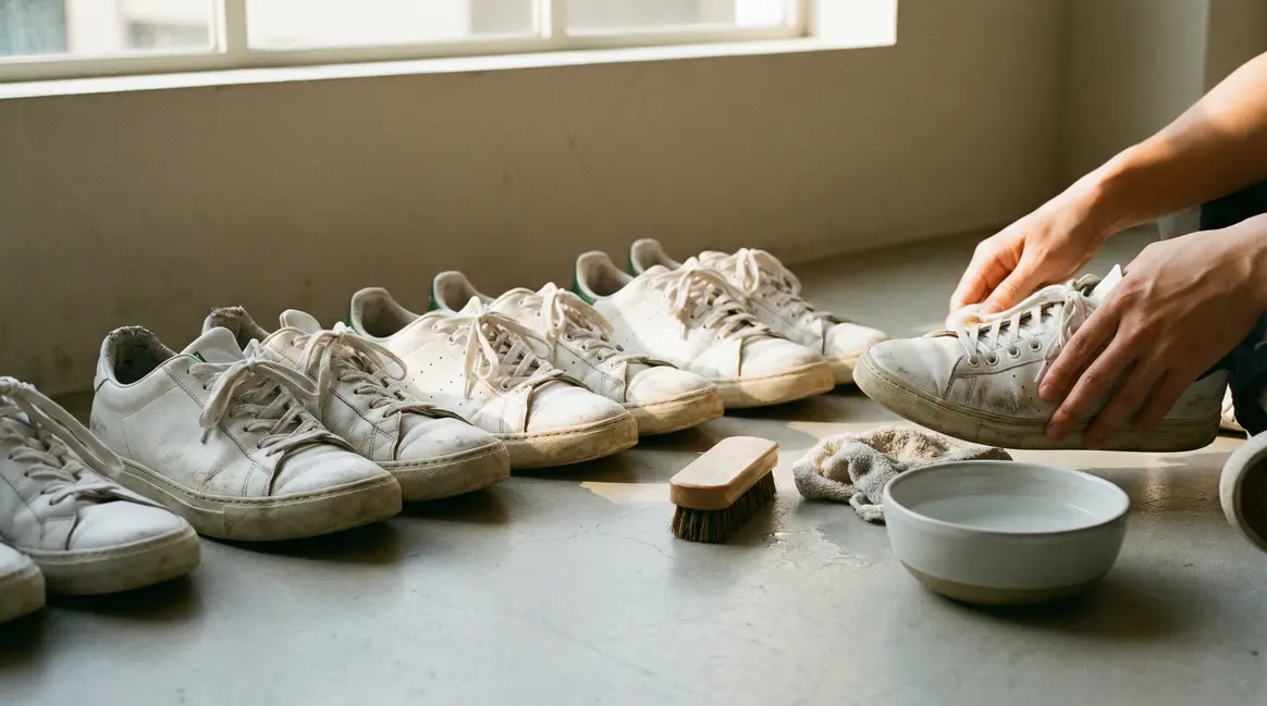 baskets blanches propres avec accessoires nettoyage