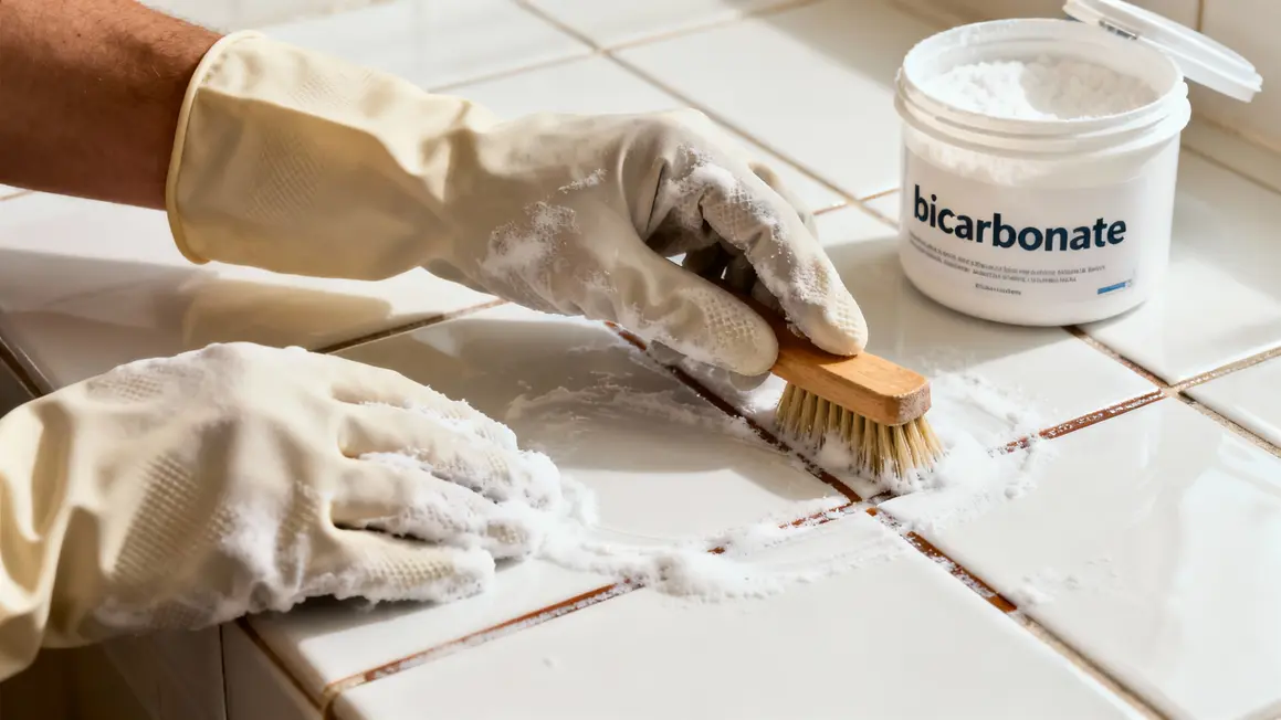 nettoyage joints carrelage brosse bicarbonate mains gants