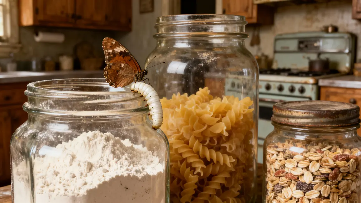Papillon et larve mites alimentaires bocaux vintage
