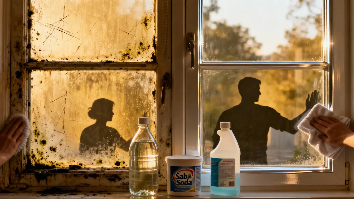 Cadre fenêtre sale puis propre avec produits