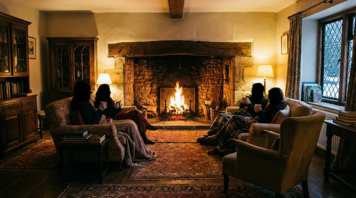 salon vintage cheminée ancienne ambiance chaleureuse