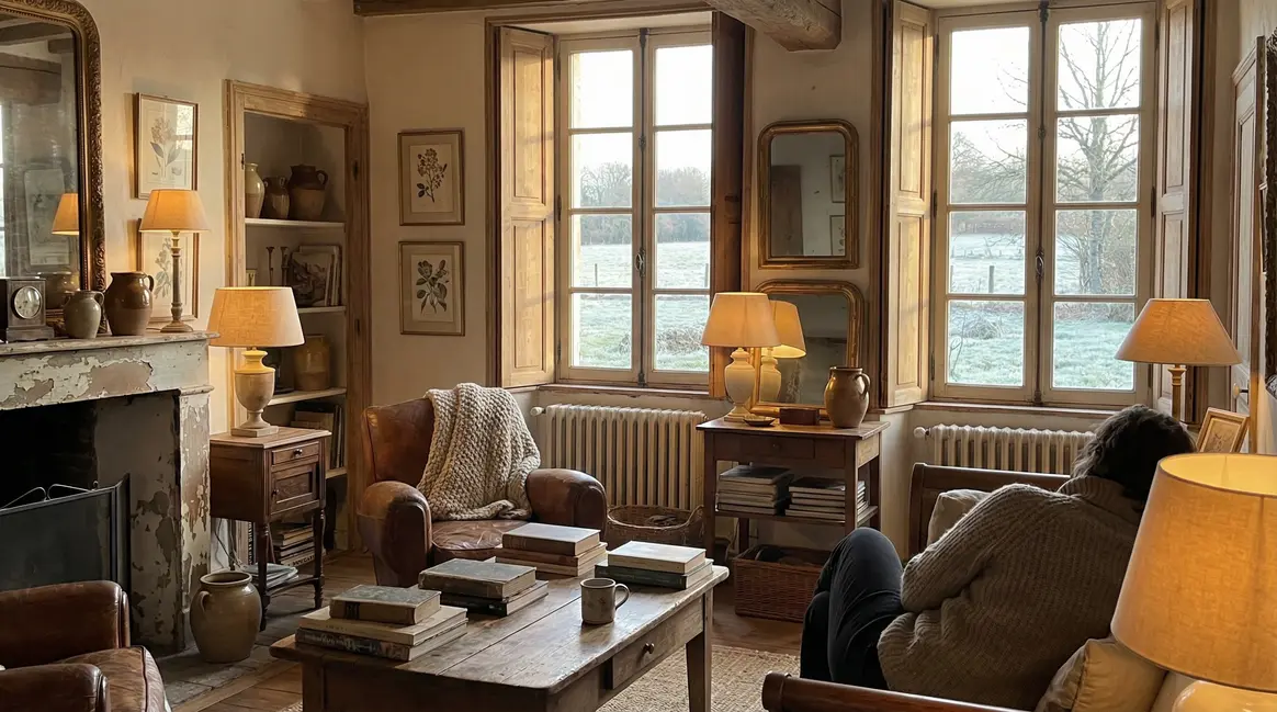 Salon vintage avec volets roulants isolés