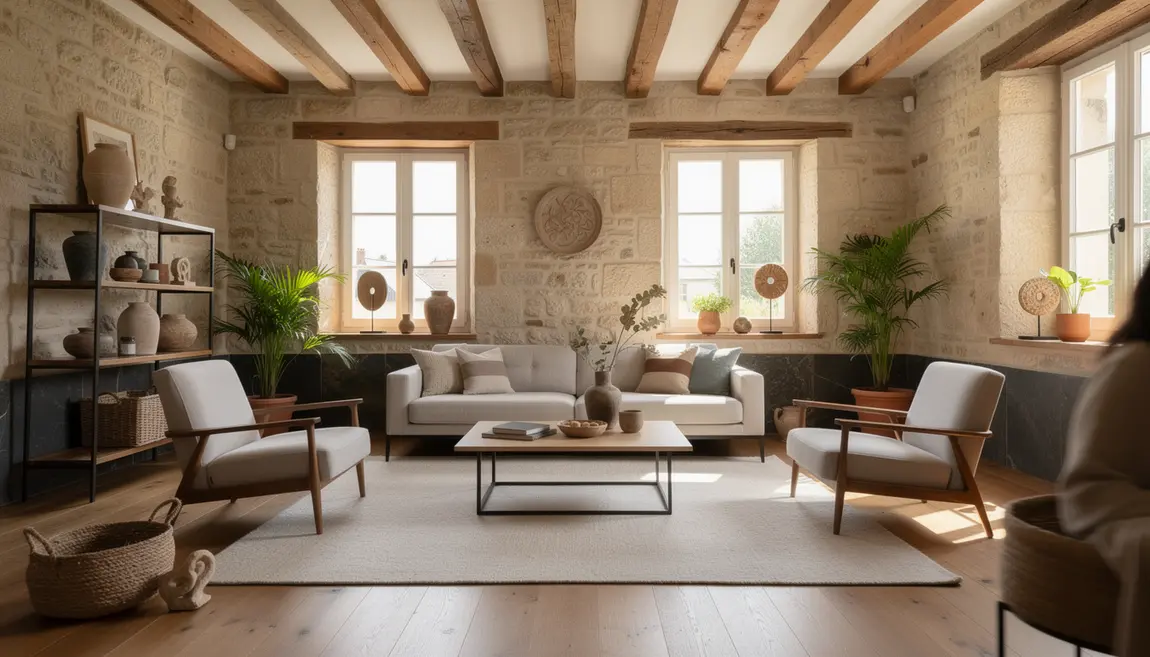 Salon contemporain à Rennes avec poutres anciennes, granit et objets chinés