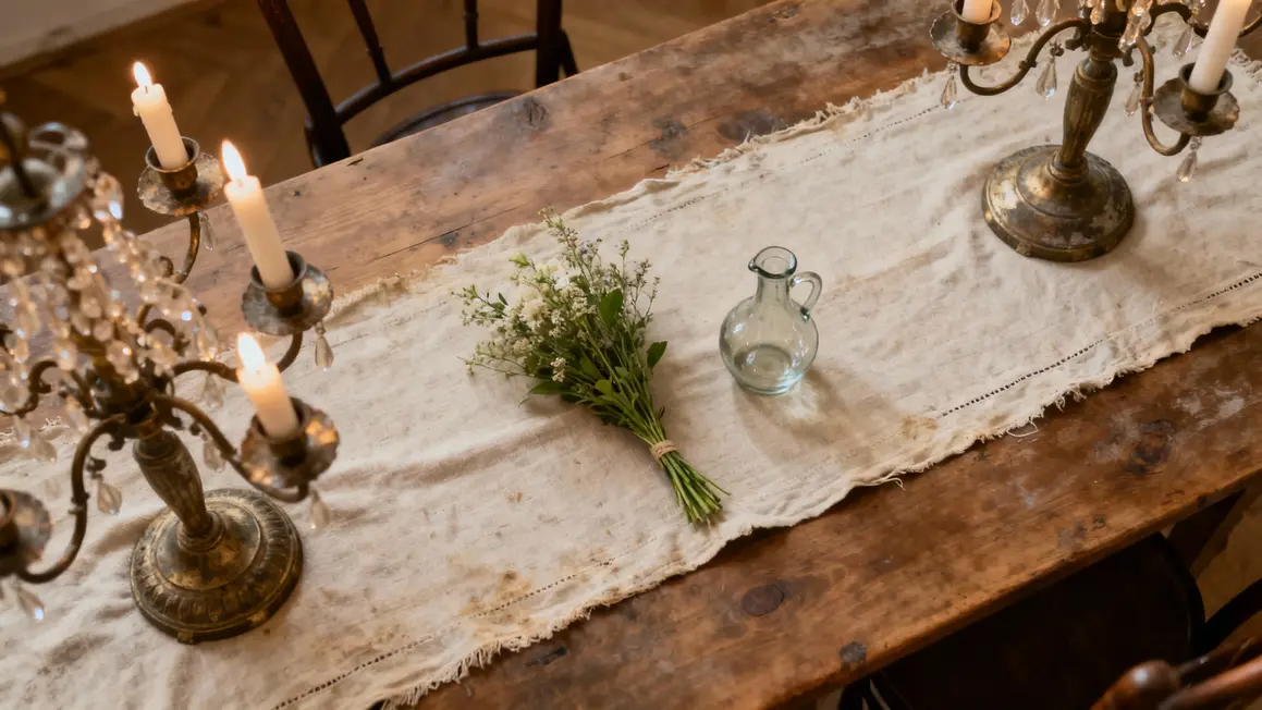 Décoration de table française bougeoirs vintage et chemin de table