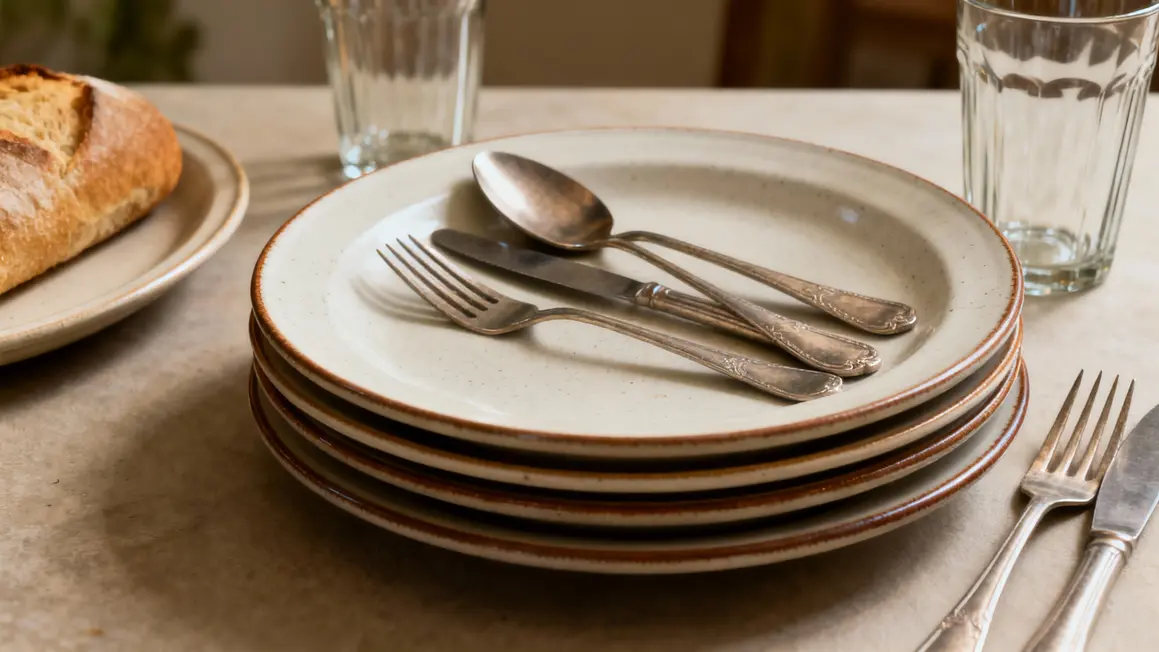 Assiettes couverts et verres en diagonale sur table française