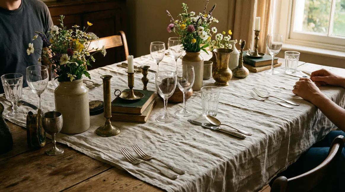 dresser une table avec verres anciens, nappe lin, objets vintage