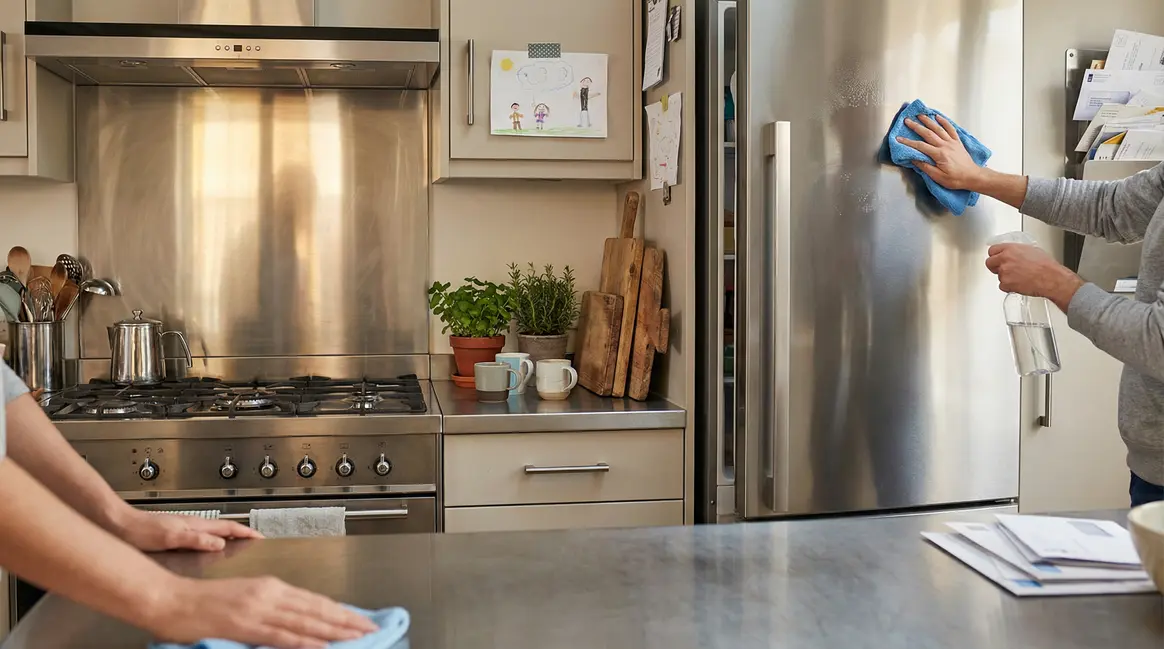 Surface inox brillante et nettoyée dans cuisine moderne