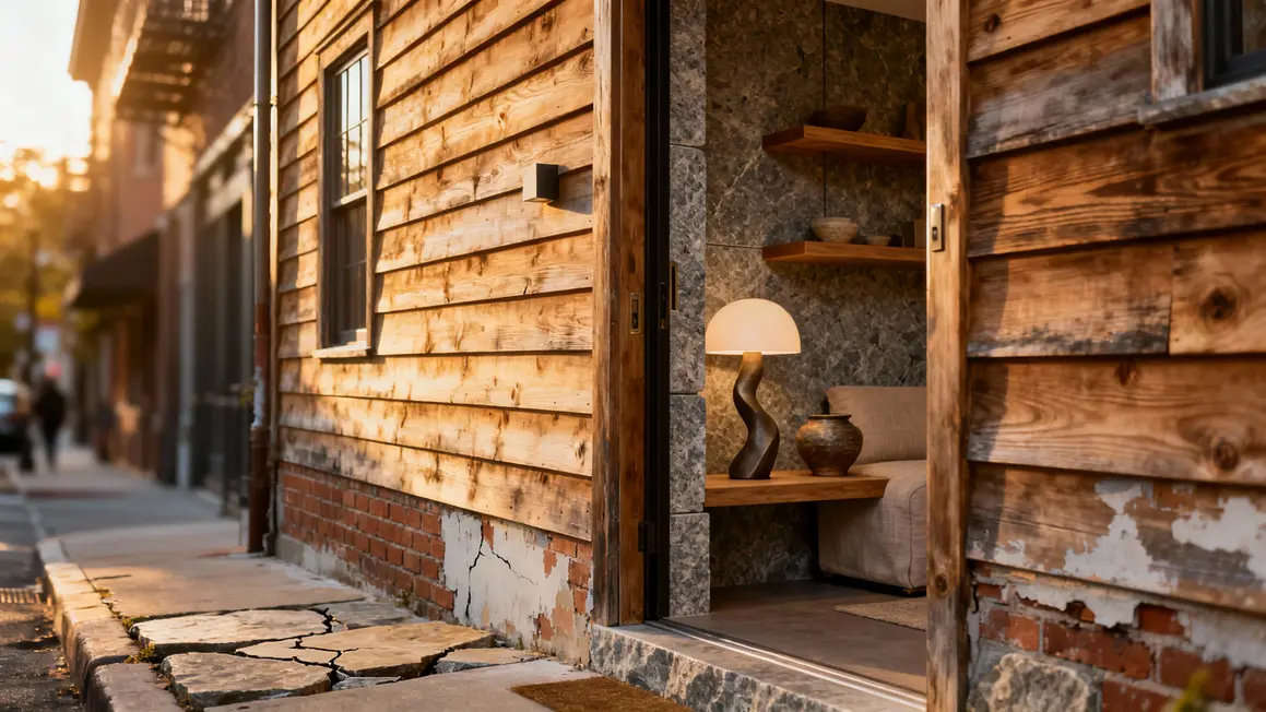 Façade à pans de bois et intérieur déco granit bois flotté Rennes