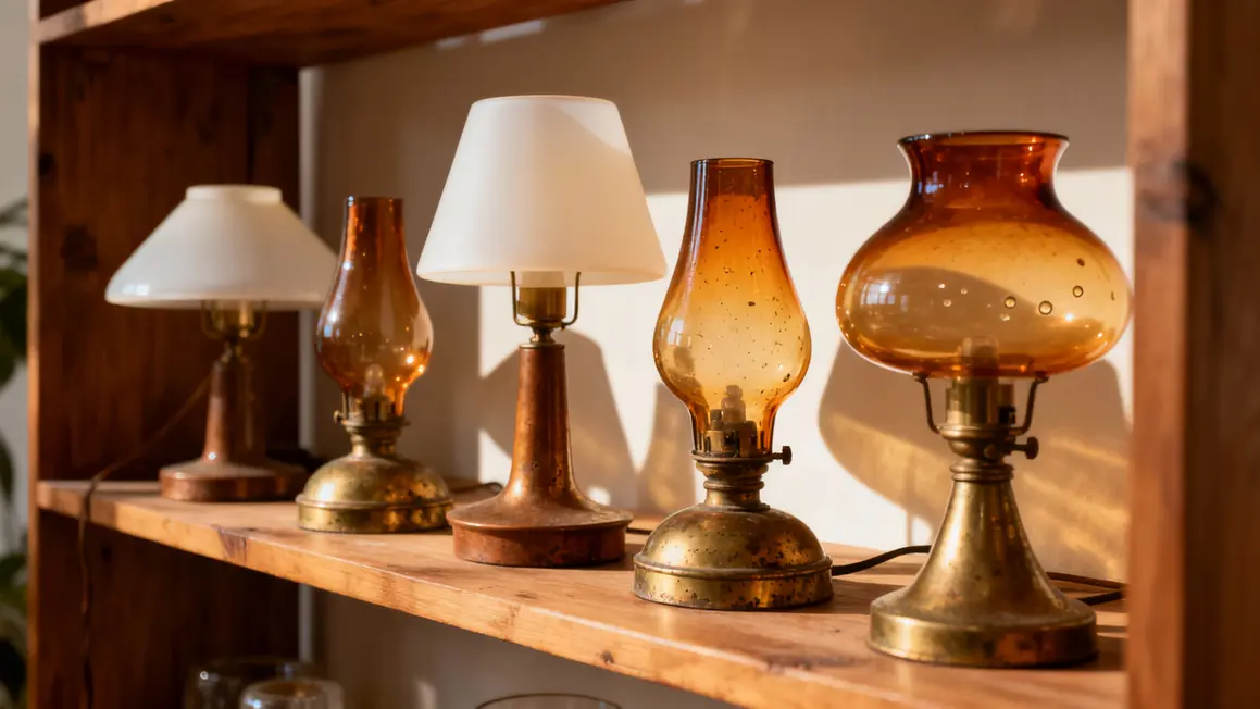 Collection lampes vintage laiton patiné opaline sur étagère