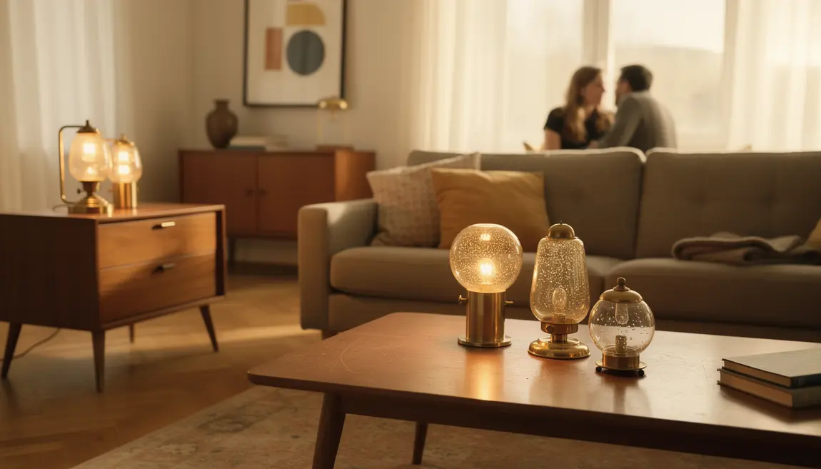 Salon lumineux avec lampes vintage laiton verre bois