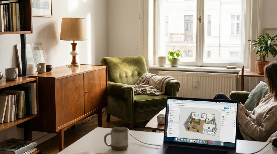 Logiciels de décoration intérieure, salon moderne aux objets vintage