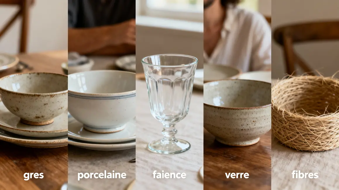 Différents matériaux pour vaisselle : grès, porcelaine, faïence, verre, fibres naturelles