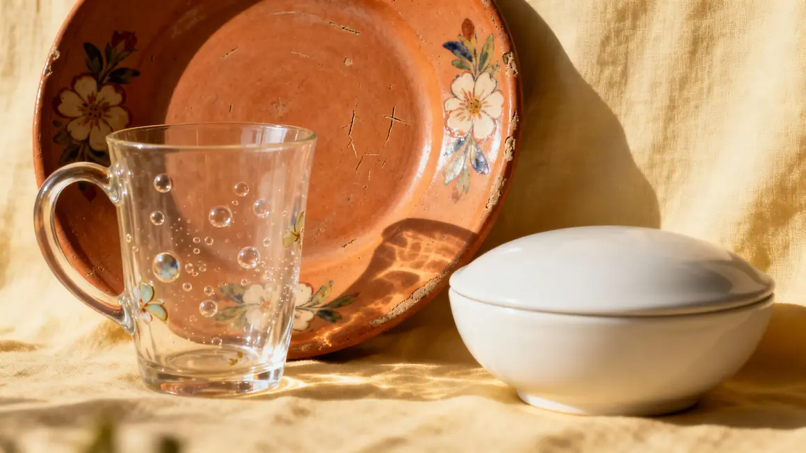 Détails matériaux vaisselle vintage années 60