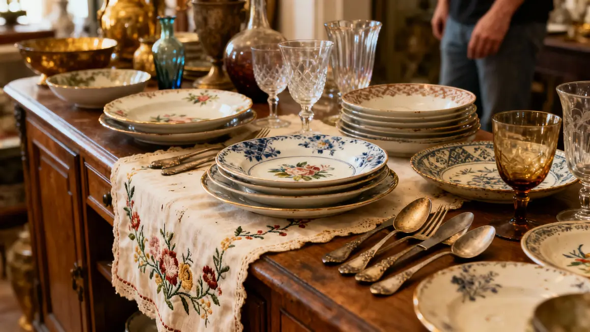 collection vintage d’objets art de la table sur buffet