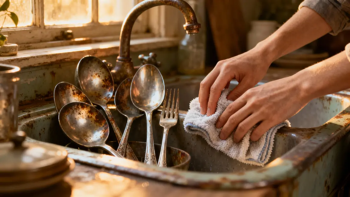 Vieux ustensiles inox restaurés nettoyés à la microfibre