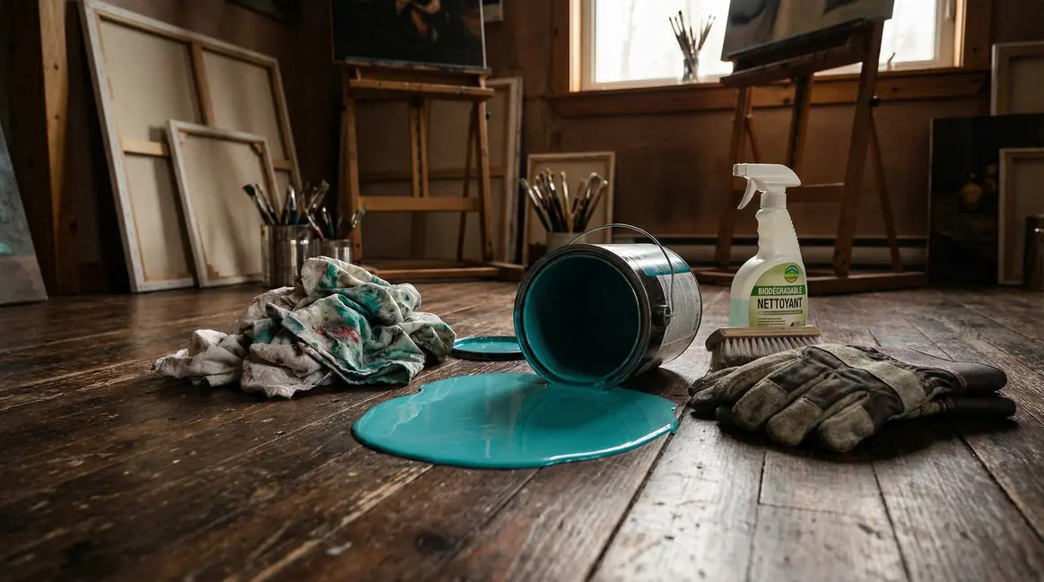 Pot de peinture fraîche renversé sur parquet et produits de nettoyage eco-responsables