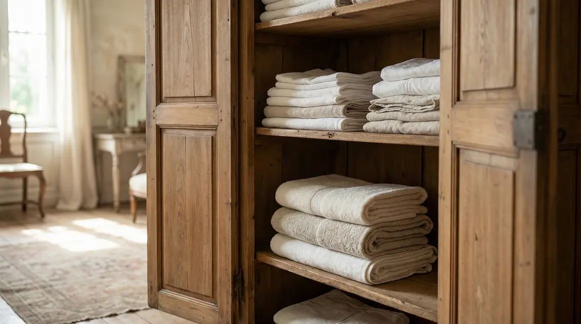 Placard ouvert avec linge frais plié