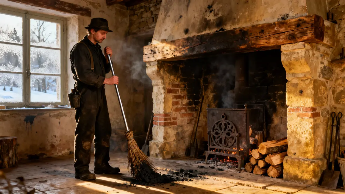 ramoneur devant cheminée ancienne en hiver