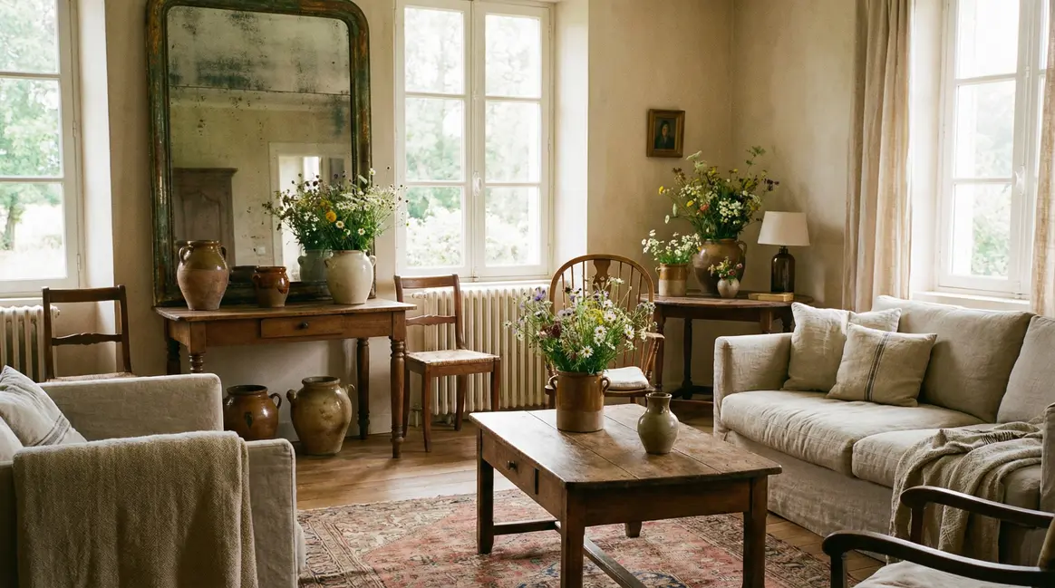 Salon art de vivre vintage bois céramique textile naturel