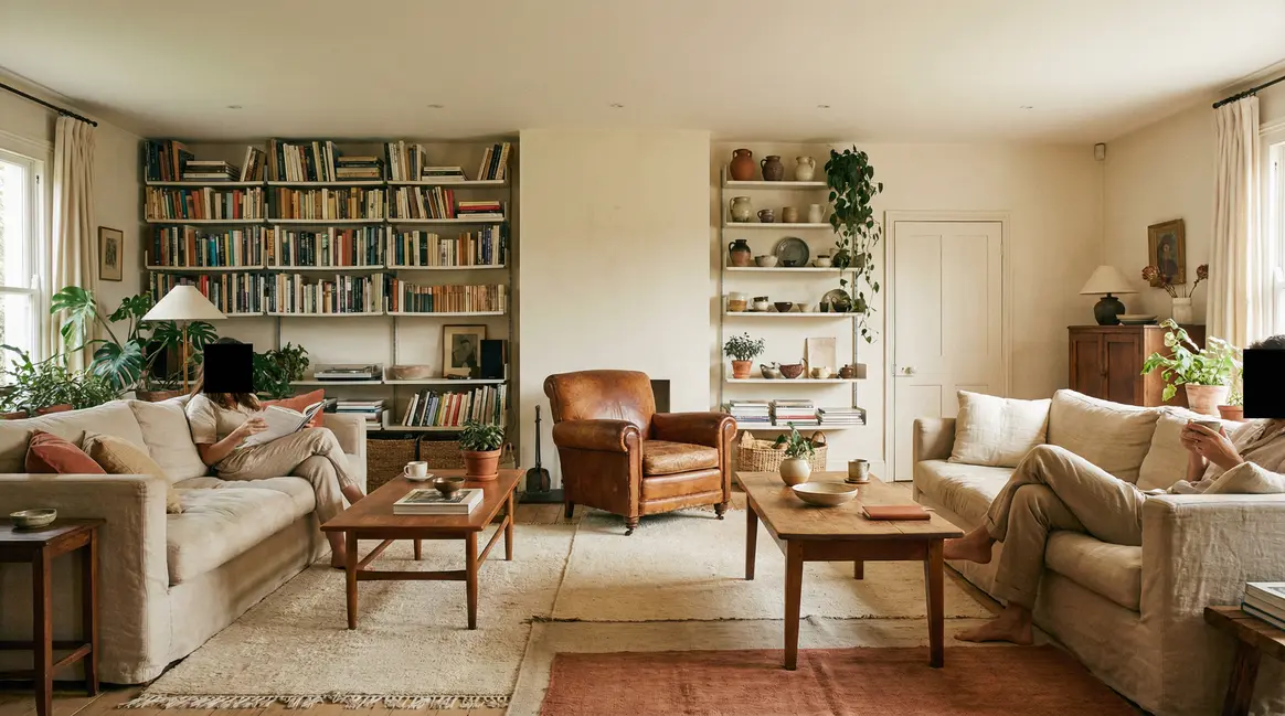 salon deco livres et meubles vintage