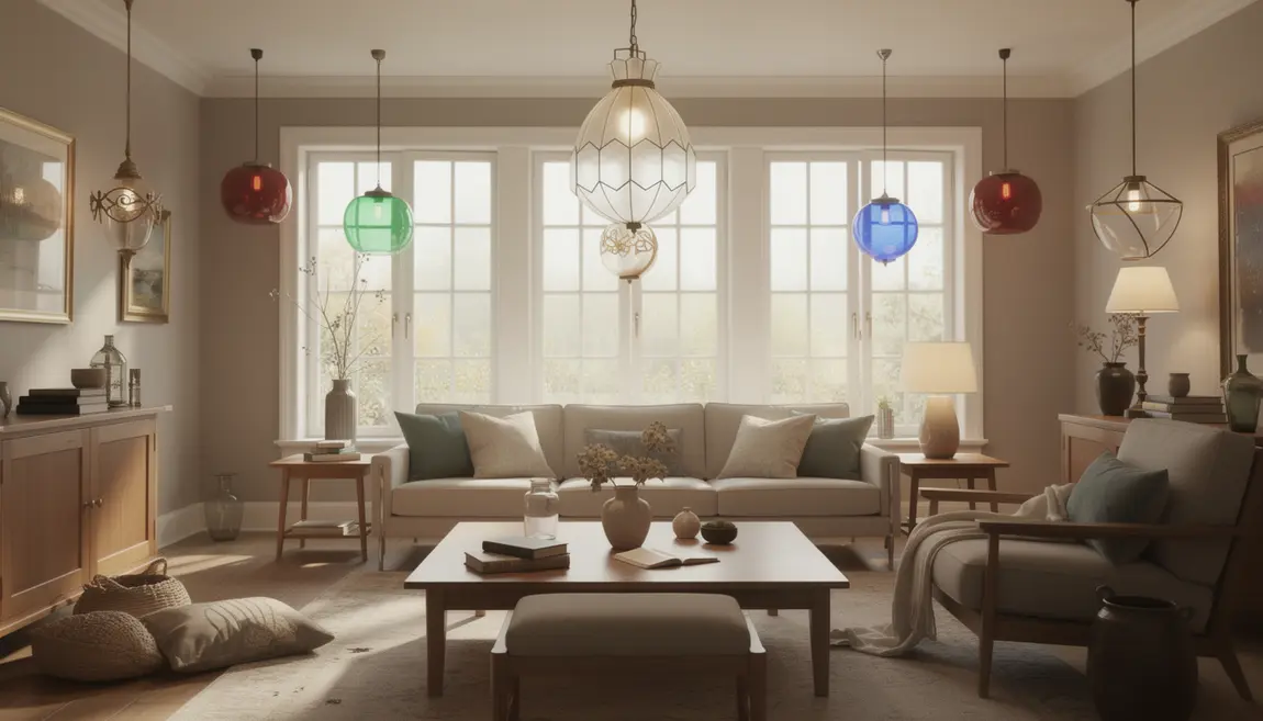 Suspension en verre vintage dans un salon lumineux moderne