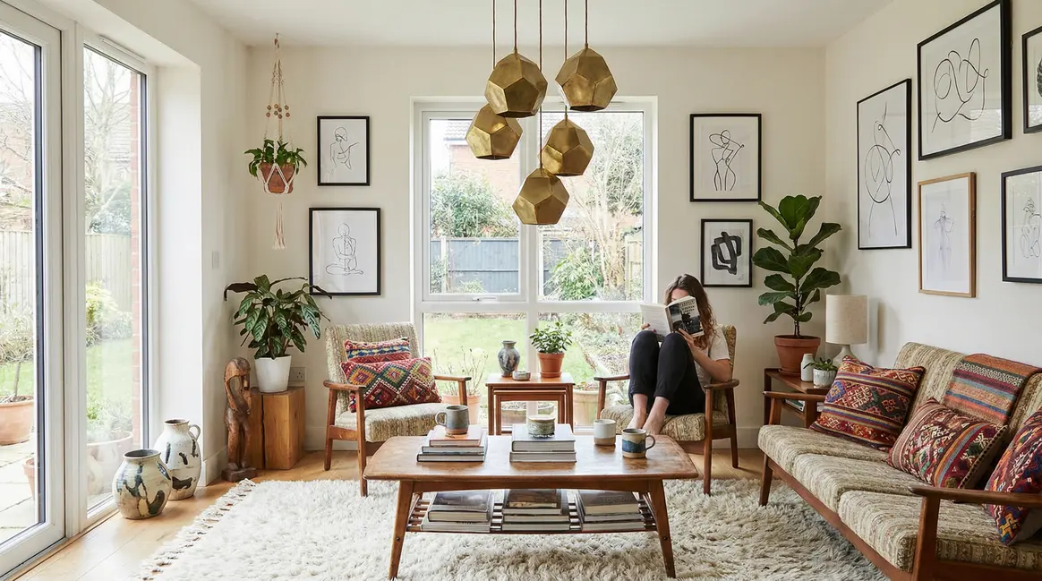 Salon Shein Home moderne vintage avec tapis shaggy et coussins ethniques