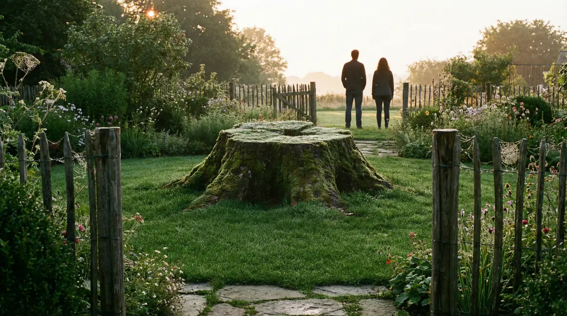 Souche au centre du jardin sous la rosée