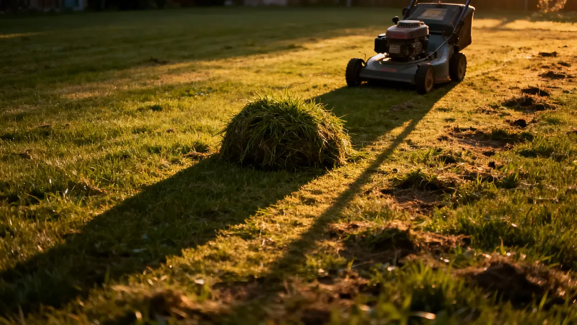 Souche visible sur pelouse près de tondeuse
