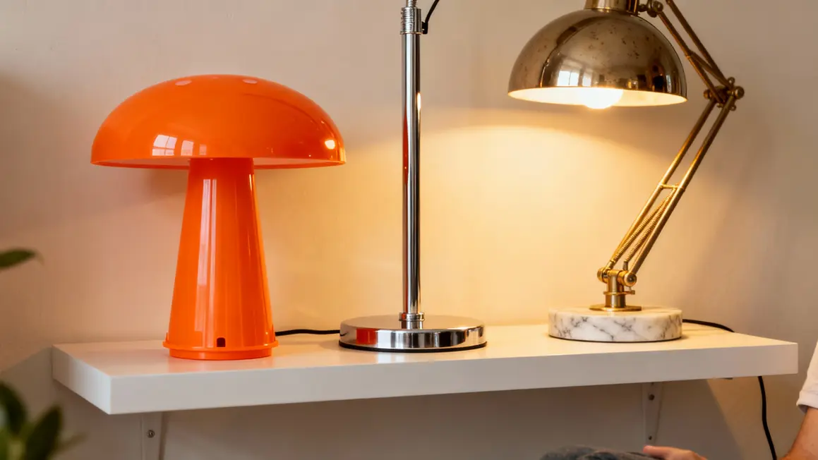 Lampes vintage années 60 sur étagère minimaliste