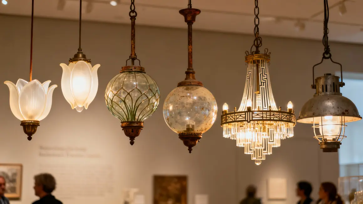 Différents modèles de suspensions en verre vintage alignés