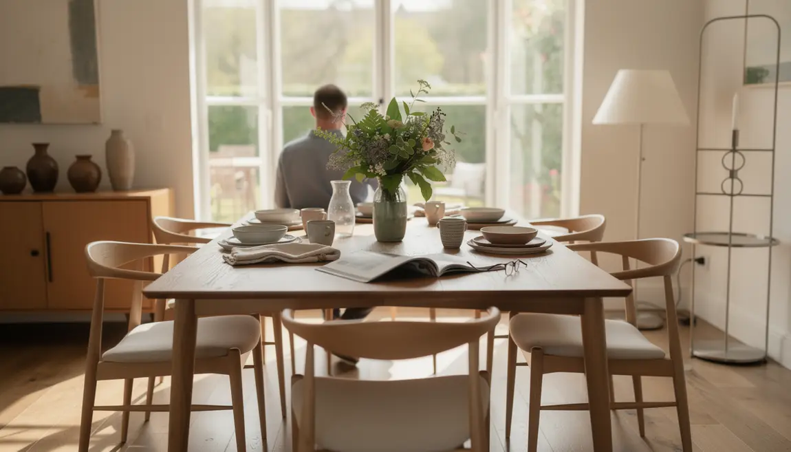 Salle a manger lumineuse avec table ikea style scandinave et accessoires vintage